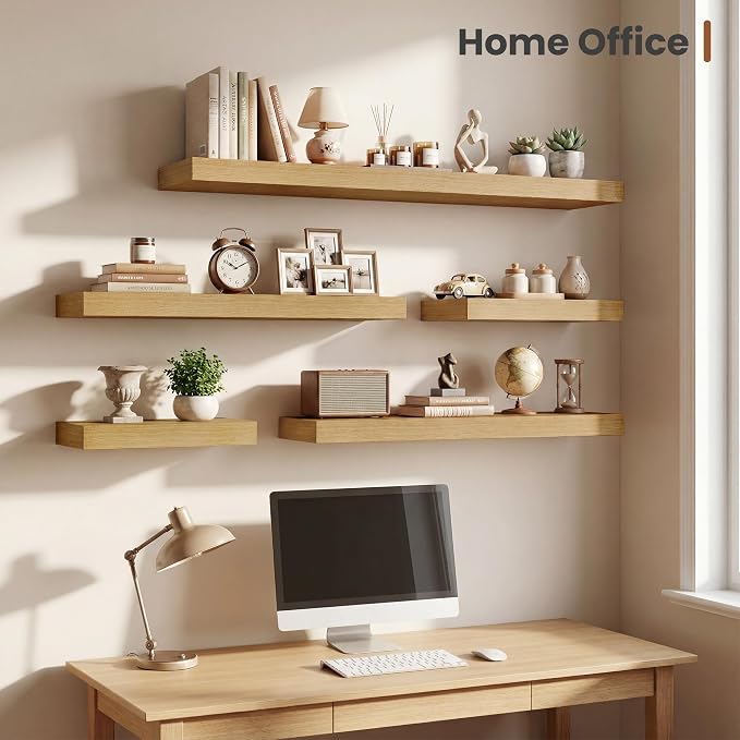 Vivelove Deep Floating Shelves 48x12” Set of 2, Oak | Easy Install With Hardware, 2" Thick, Invisible Brackets, Wall Mounted, No Sagging, For Any Room