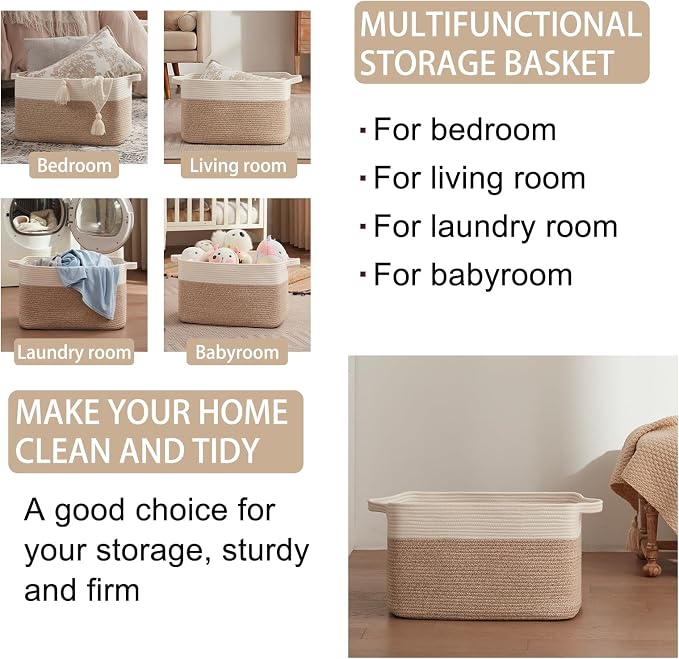 OIAHOMY Large Blanket Basket, 65L Cotton Rope Woven Laundry Basket, Toy Bin for Baby Room, Container for Blanket Storage in Living Room, 20''×16''×12'', Brown & White