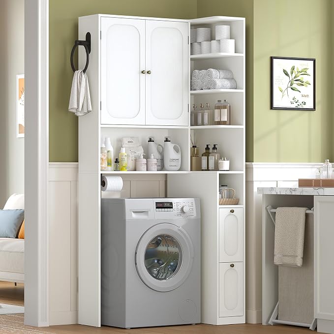 7-Tier L-Shaped Wooden Over the Toilet Storage Cabinet with Doors, Modern Over Toilet Bathroom Organizer Shelf with 2 Large Drawers, Bathroom Over Toilets Storage Cabinet, Space Saver, White