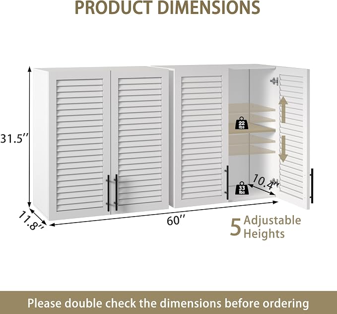 60" Laundry Room Wall Cabinet with Shutter Style Doors, Wall Storage Cabinet with Adjustable Shelf, Bathroom Wall Cabinet, Upper Storage for Laundry Room, Bathroom, Kitchen, Garage, White