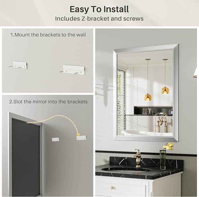 28x36 Inch Brushed Silver Bathroom Mirror for Wall, Thick Metal Framed Rectangle Mirrors for Over Sink, Bedroom, Living Room, Entryway, Anti-Rust, HD Tempered Glass