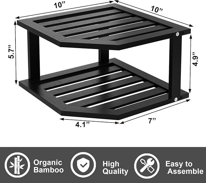 VERTORGAN 2 Tier Bamboo Corner Shelf 3 Pack Plate Organizer Kitchen(Black) | Pantry Storage,Dish Rack,Spice Rack,Corner Organizer,Kitchen Counter Shelves,Kitchen Storage,Holds Plates