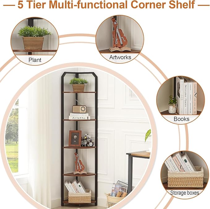 MNEETRUNG Corner Shelf, 5-Tier Industrial Corner Bookshelf, Freestanding Corner Shelf Stand with Metal Frame, Open Corner Plant Stand for Small Space, Home Office, Living Room, Bedroom, Brown
