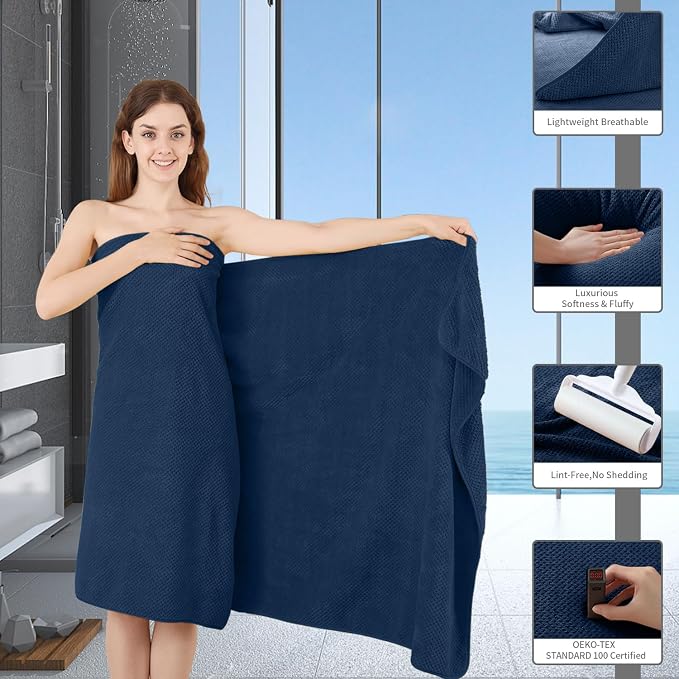 Bath Towel Set 4 Piece Oversized Bath Sheet 35"x70”Extra Large Bath Towel Soft Fluffy Microfibers Towel Set for Bathroom Hotel Highly Absorbent Quick Dry Bathroom Towel,600GSM Luxury Shower Towel Navy