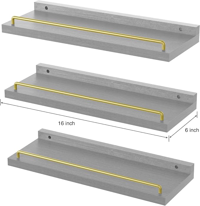 RYOFOBETTO Floating Shelves for Wall Decor, Grey and Gold Shelves for Bathroom, Living Room, Bedroom, Picture Frames, Plants, Kitchen (Set of 3)