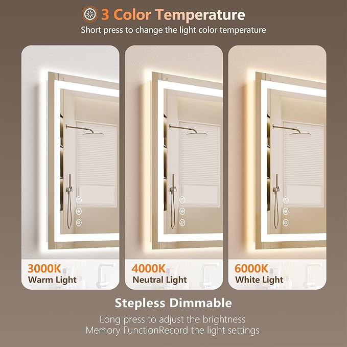 24"x 30" LED Bathroom Mirror with Light Over Sink, for Bathroom Wall | 3 Color, Anti-Fog, Backlit ＆ Frontlit, Stepless Dimmable,Memory, Shatter-Proof, Vertical ＆ Horizontal, Frameless