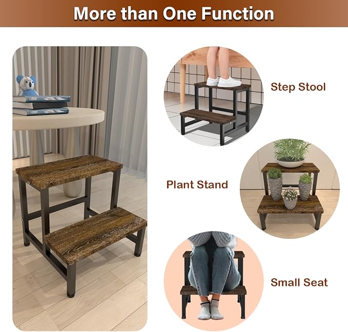 Wooden 2 Step Stool for Toddlers Kids and Adults, Heavy Duty Stepping Stools with 500 LB Load Capacity, Foot Step Stool for Bed, Living Room, Bathroom, Kitchen - Rustic Brown & Black