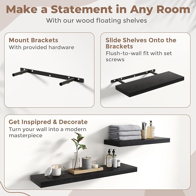 16 Inch Floating Shelves for Wall 2 Pack, 8"D Wood Grain Bathroom Shelves | Invisible Brackets, Black Finish, Easy Install | Engineered Wood Storage Shelves for Kitchen, Study, Bedroom