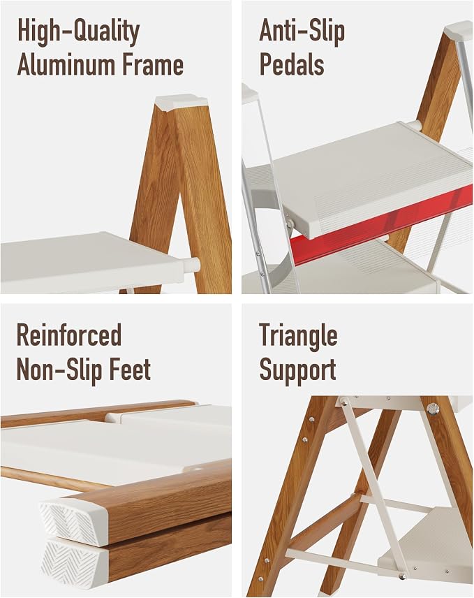 Mayi Plus 2 Step Stool Foldable, Aluminum, Lightweight Step Ladder | Extra-wide anti-slip folding steps with 330 lbs, for home,kitchen,office,outdoor,White & Woodgrain