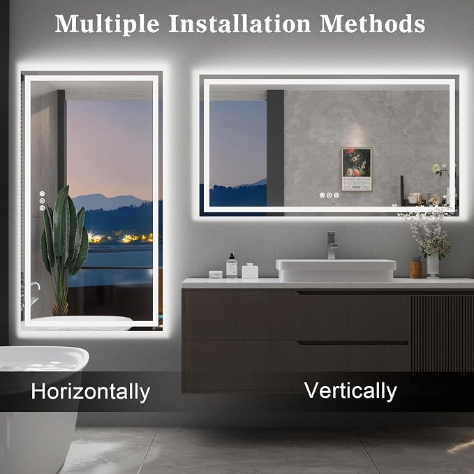 WTTY 55" x 30" LED Bathroom Mirror with Light | Anti-Fog, Dimmable, 3 Color Temperature, Memory Function, Tempered Glass, IP54 Waterproof, ETL Listed