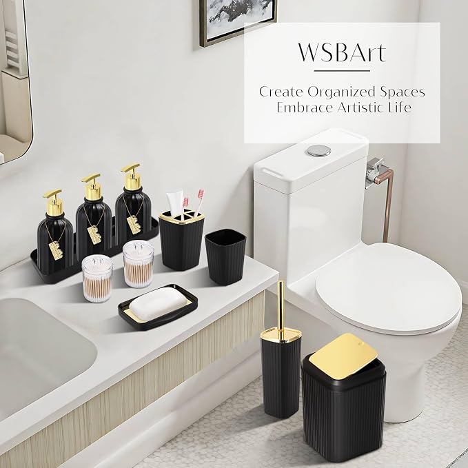 Bathroom Set, Black Bathroom Set Black and Gold Bathroom Accessories Set with Trash Can, 3PCS Soap Dispenser Bathroom Sets