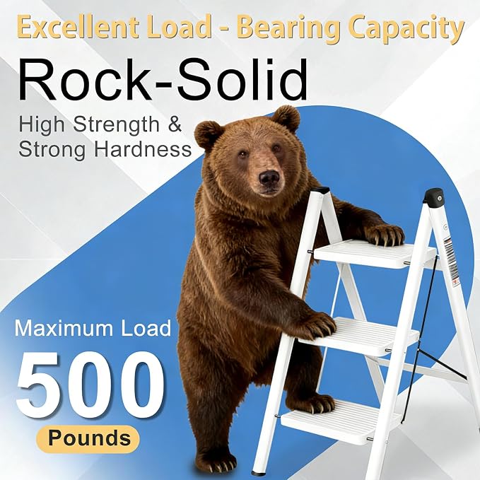 3 Step Ladder Folding Step Stool Sturdy Carbon Steel Frame | 500LBS Capacity Sturdy Anti-Slip Thick Pedal & Feet Portable for Home Kitchen Garage(white-3step)