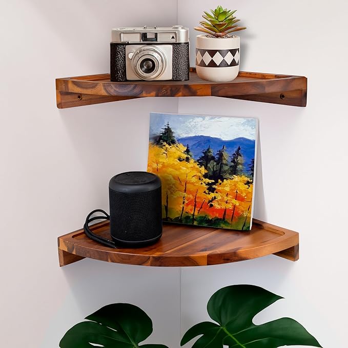 Demigo Round Floating Corner Shelves, Natural Acacia Wall Shelf, Set of 2 | Wall-Mounted Storage Shelves for Home Decor, Living Room, Kitchen, Office & Bedroom, Space-Saving Wood Display