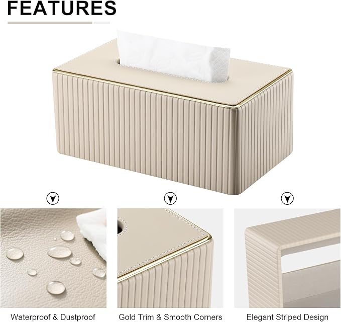 Rectangular Tissue Box Cover, PU Leather Tissue Box Holder with Magnetic Bottom, Napkin & Facial Tissue Holder Dispenser Decorative Box Cover for 120-count (3-Ply) 160-count (2-Ply) Beige