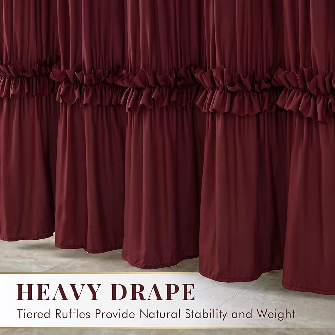 LIPA Boho Shower Curtain Rustic Ruffle Shower Curtain with Ruched & Bow Vintage Farmhouse Shower Curtains for Bathroom Bohemian Bathroom Decor(Burgundy,72x72 Inches)
