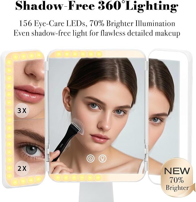 SIMETRA 15.6'' Rechargeable Makeup Mirror with Lights, 156 LED Magnification Vanity Mirror with 3 Colors Lights, 3000mAh Lighted Mirror, Touch Control Trifold Mirror for Women Travel Desk