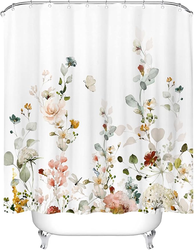 Tititex Colorful Blooming White Floral Shower Curtain Sets, Watercolor Pink Red Flowers Butterflies Tropical Bathroom Decorative 71x84 Inch Polyester Waterproof Fabric Bath Curtain with Hooks