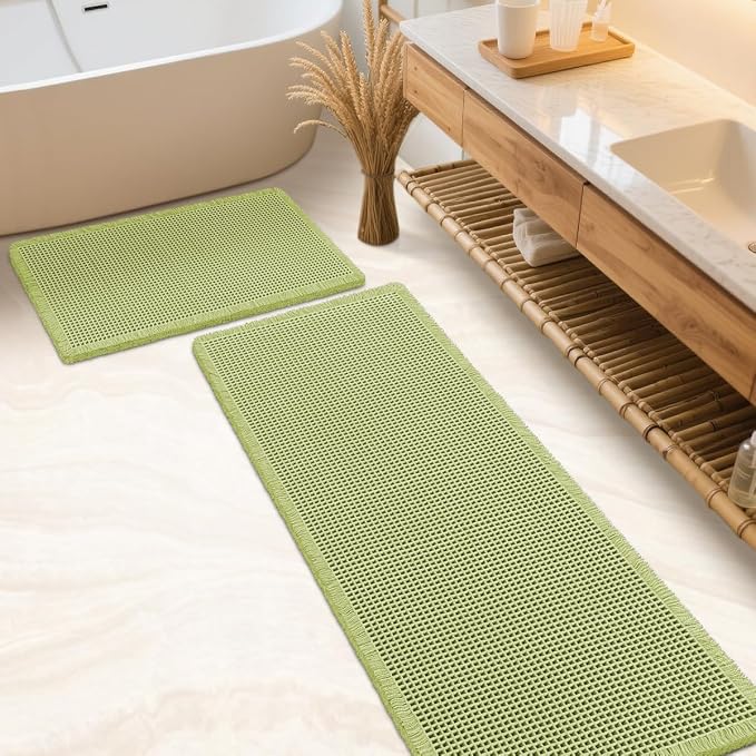 Waffle Bath Mat Set Sage Green 2 Piece,Woven Modern Bath Rug Mats, Absorbent Non Slip Bath Floor Mat, Soft Washable Boho Bath Rugs with Tassels for Bathroom, Bedroom, Kitchen,Tub