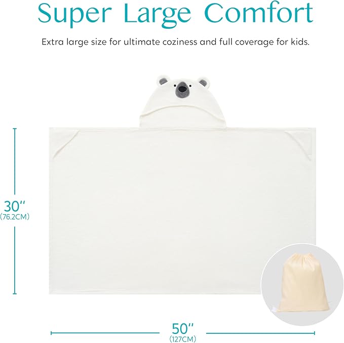 Joiedomi Hooded Towel for Kids Soft 100% Cotton Bath Beach Towel 30" x 50" for Kids 3-8 Years Toddler Pool Poncho with Hood Absorbent Swim Wrap for Boys Girls White Bear