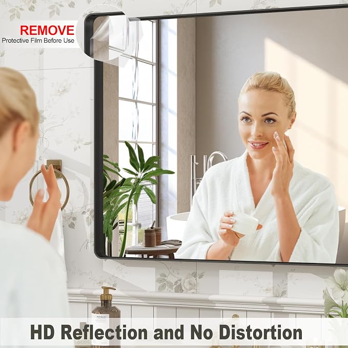 40x36 Inch Black Framed Bathroom Mirror for Wall, Black Metal Framed Mirror, Rounded Rectangle Bathroom Vanity Mirror, Anti-Rust, Shatterproof (Horizontal/Vertical) | Black Metal Framed Mirror, Rounded Rectangle Bathroom Vanity Mirror, Anti-Rust, Shatt...