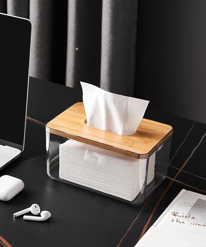 Acrylic Tissue Box Cover, Bamboo Dryer Sheet Holder, Wooden Rectangular Dryer Sheet Dispenser for Storage on Bathroom Vanity, Countertop, Bedroom Dresser