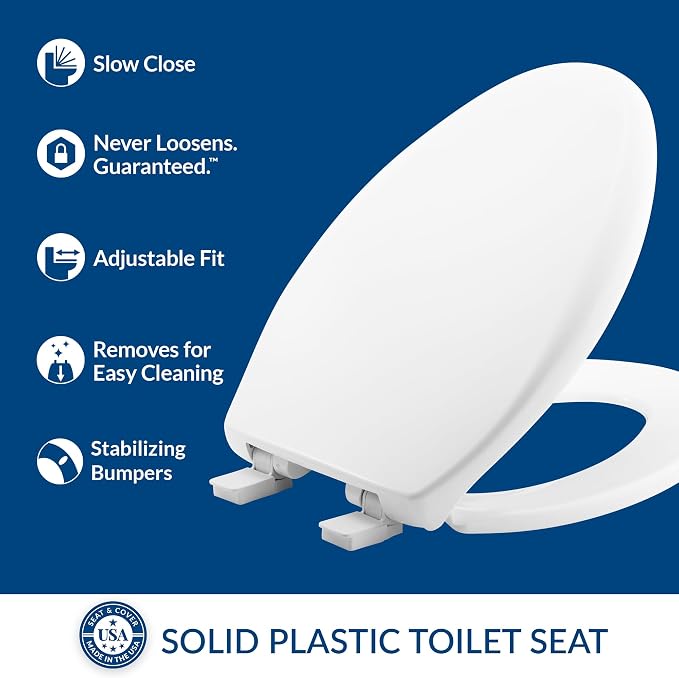 Mayfair Aurora Slow Close Toilet Seat, Easy Clean Hinges and Adjustable Perfect Fit Plastic Seat, Made in USA, Elongated, White
