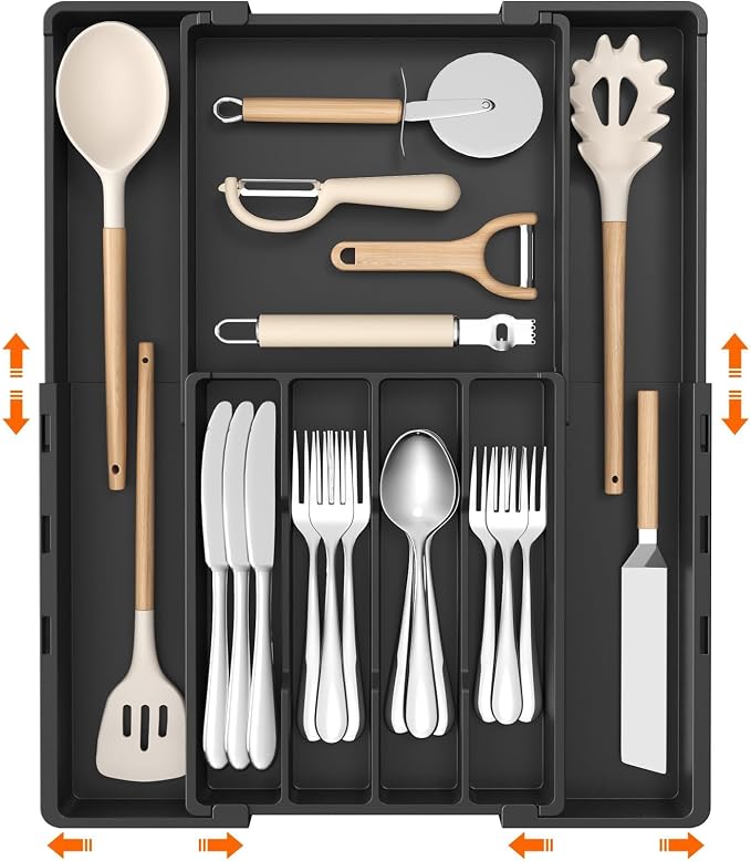 Lifewit Expandable Silverware Drawer Organizer, Utensil Tray for Kitchen | BPA Free Flatware and Cutlery Holder, Adjustable Plastic Storage for Spoons Forks Knives, 8.9-14.3 x 11.3-19.4 x 1.7", Black