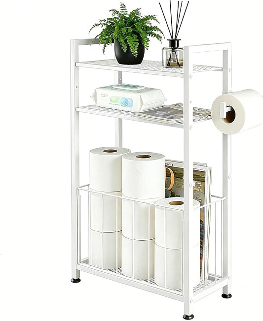 Freestanding Toilet Paper Holder with Storage for Small Bathrooms, White | Space-Saving Bathroom Organizer for Small Spaces, Toilet Roll Holder Stand Keeps Rolls Clean & Dry
