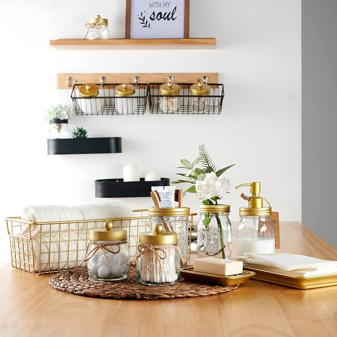 SheeChung Mason Jar Toothbrush Holders, Farmhouse Toothpaste Organizer, 1Pc | Gold Glass Electric Tooth Brush Holder for Bathroom Countertop, Removable Stainless Steel Lid, 3 Divider,Rustic Vintage Decor