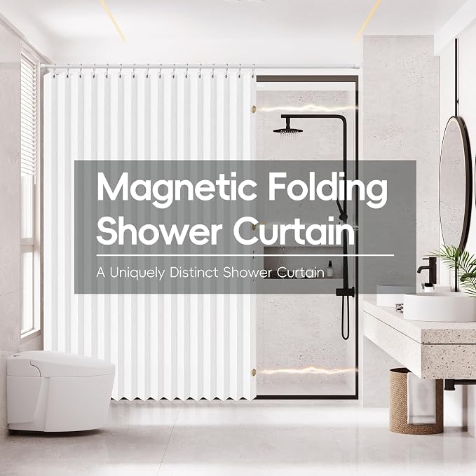 AJAZZ Magnetic Folding Shower Curtains Fabric Polyester Material Waterproof Shower Curtain Suitable for Family Hotel Homestay (White,77" W x 72" L) 1 Panel