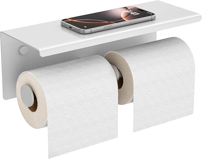 FORIOUS Toilet Paper Holder with Shelf, Commercial Toilet Paper Dispensers | White | Wall Mount Bathroom Tissue Holder | SUS304 Stainless Steel Rustproof | Double Tissue Roll Holder