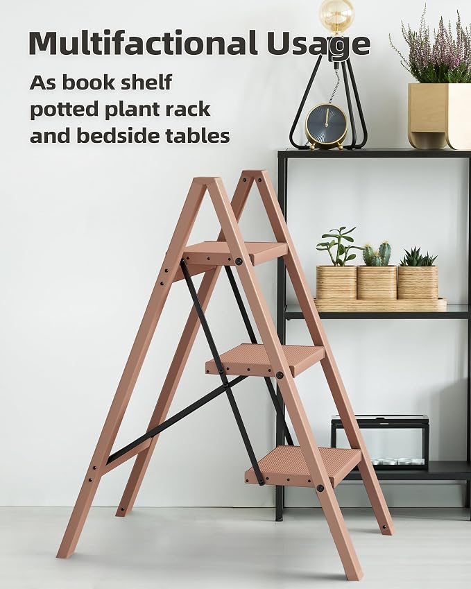 HillhutApex 3 Step Stool Foldable Ladder,Aluminum Step Ladder | Folding Lightweight Stable Stool with Wide Non-Slip Pedals, 330lbs Bearing Capacity Ladder for Office,Home,Kitchen-Light Pink