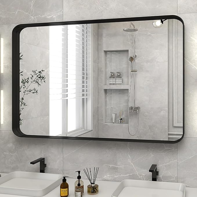 Bathroom Mirror 24x36 inch, Black Gorgeous Deep Frame Wall Mirror, Modern Round Corner Bathroom Vanity Mirror for Bedroom, Living Room, Hanging or Leaning Horizontal or Vertical, Black