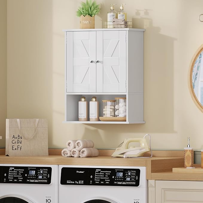 Bathroom Wall Cabinet, Over The Toilet Space Saver Storage with Barn Doors & Adjustable Shelf, Hanging Medicine Cabinet, White 7.1" D x 15.4" W x 19.3" H