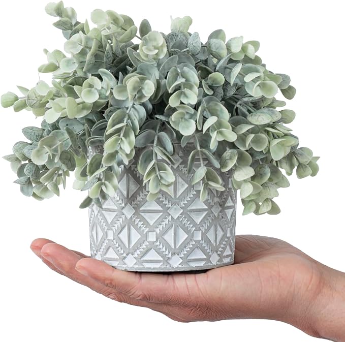 MyGift Artificial Eucalyptus Plant in Modern Gray Concrete Pots (1, Grey) | Realistic Faux Botanical Accent in embossed planter pot adds elegant, maintenance-free greenery for Home or Office
