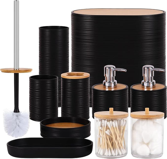 10 PCS Black Bathroom Accessories Set with Trash Can Bathroom Accessory | All-in-One Kit with Trash Can,Toothbrush Holder,Soap Dispenser,Toothbrush Cup,Vanity Tray,Soap Dish,Toilet Brush etc for Home