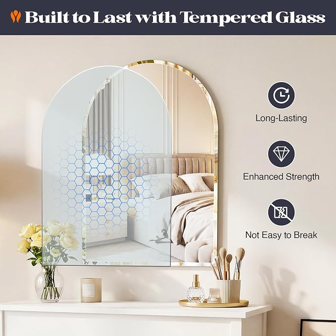 Frameless Bathroom Mirror, 24" x 36" Arched Vanity Mirror for wall Beveled, Arch Wall Mounted Bathroom Mirror for Over Sink, Hallway, Entryways