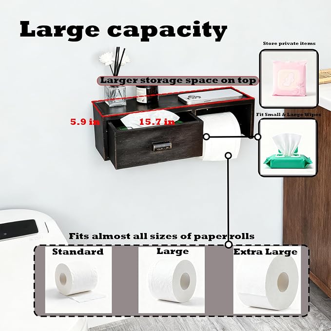 Bamboo Toilet Paper Holder with Shelf, Vintage Matte Black Wall Mount Bathroom Holder with Wet Wipes Storage Drawer