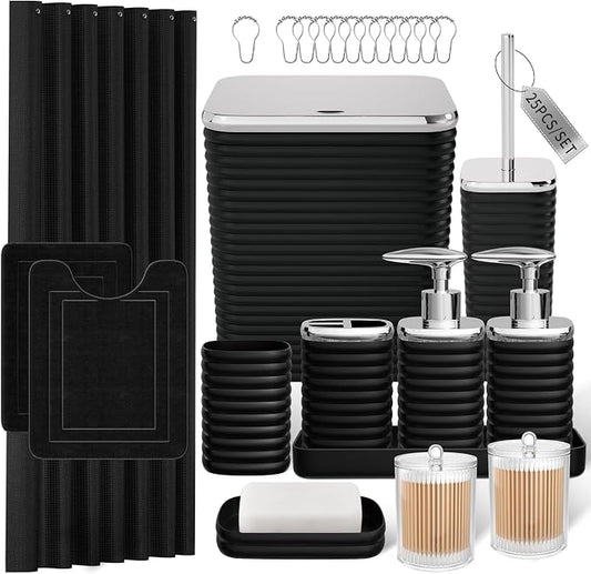 Bathroom Set - 25PC Bathroom Sets with Shower Curtain and Rugs, Black Bathroom Set, Bathroom Accessory Set, Luxury Bathroom Accessories Set, Trash Can, Toilet Brush & Soap Dispenser