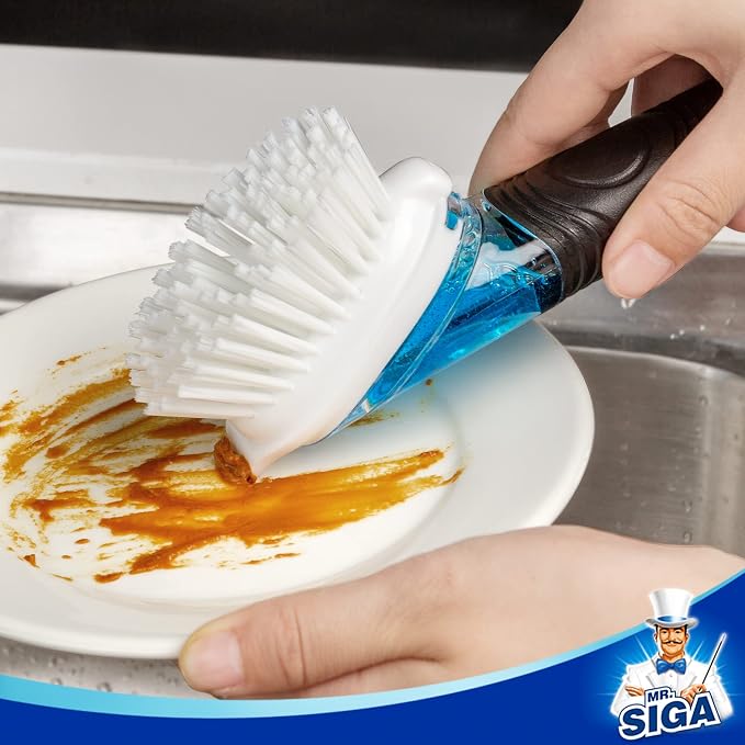 MR.SIGA Soap Dispensing Dish Brush, Kitchen Brush for Pot Pan Sink Cleaning | Dish scrubber with soap dispenser, dish soap brush with scraper