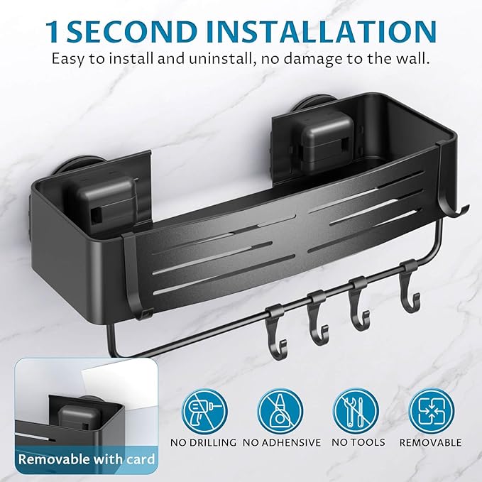 Onemake Shower Caddy Suction Cup, 2 Pack Shower Shelf with Hooks, Black | No-drill Rustproof Aluminum Removable Caddy with Hooks, Wall Mounted Shower Organizer, Corner Shampoo Holder for Bathroom