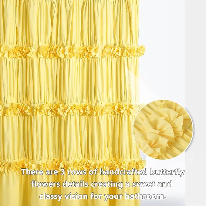 Bright Yellow Shower Curtain with 12 Buttonholes | Vintage Handcrafted Bow Tie Bath Curtain for Master Bathroom, Ruched Microfiber Bathroom Curtain, 72" W x 72" H (LQ-10)