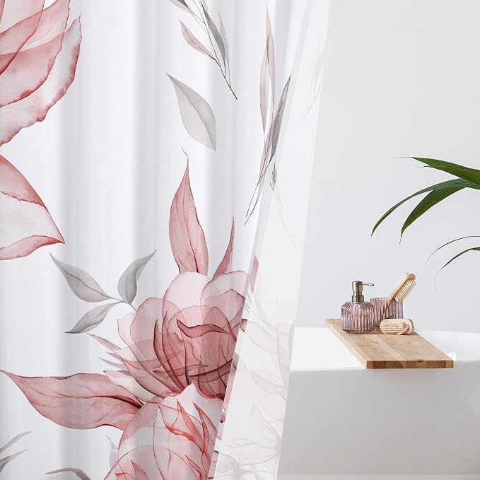 Litabel Red and Grey Boho Watercolor Floral Shower Curtain, Ink Painting Style Blossom & Leaf Shower Curtains for Chic Elegant Bathroom, Artistic Fabric Cloth Flower Shower Curtain, 72x72