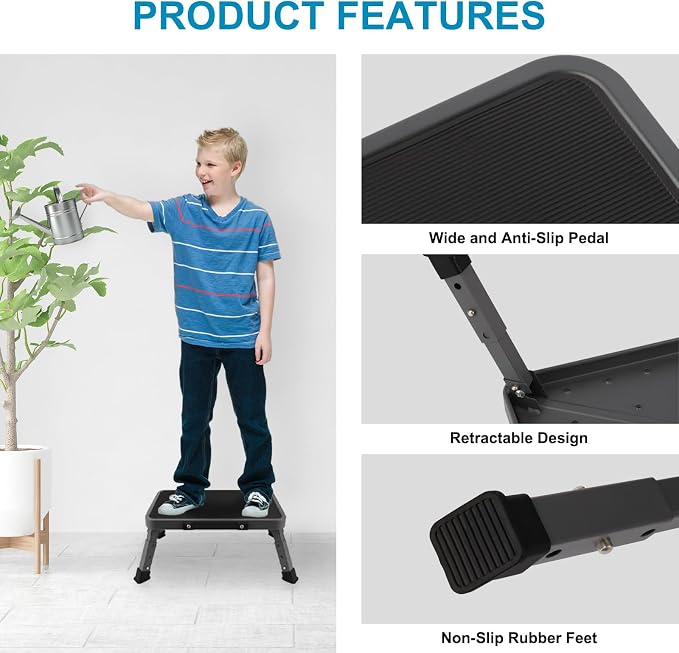 Valeo Folding Step Stool, Adjustable Step Stool with Non-Slip Platform, 330 Lbs Capacity, Step Ladder for Adults in Kitchen, Bathroom, RV, Camping, Office, Black