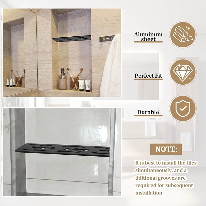 12 Inch Shower Niche Shelf Frosted Anodized Aluminum Finish Tile Insert | Rectangular Shelf for 12 Inch Tile Prefabricated Niches, Fits 1/8 Inch Grout Lines, Shower Niche Insert Frosted Anodized