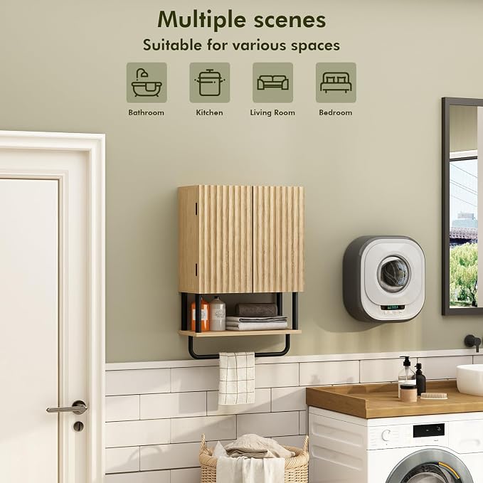 RUSTOWN Fluted Bathroom Wall Cabinet with 2 Doors, 3-Tier Medicine Cabinet | Modern Farmhouse Wall Mounted Cabinets, Over The Toilet Storage Cabinet, Adjustable Shelf and Towel Bar, Small