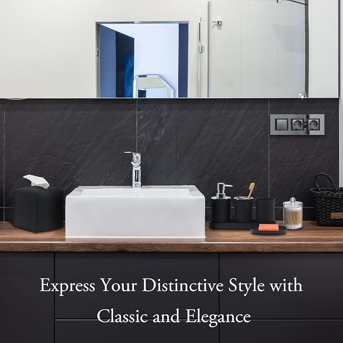 Bathroom Accessory Set, 10 Piece Black Bathroom Set Complete | Includes Trash Can, Soap Dispenser, Toothbrush Holder, Soap Holder, Tumbler, Toilet Brush, Tray, Qtip Holders, Tissue Cover