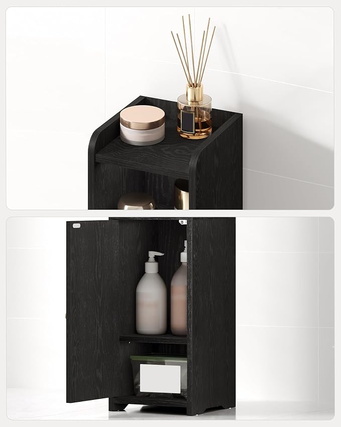 Hzuaneri Bathroom Storage Cabinet, Narrow Toilet Paper Cabinets with Doors | Small Corner Floor Cabinet with Doors and Adjustable Shelf, Bathroom Organizer for Small Spaces, Black BC19704X