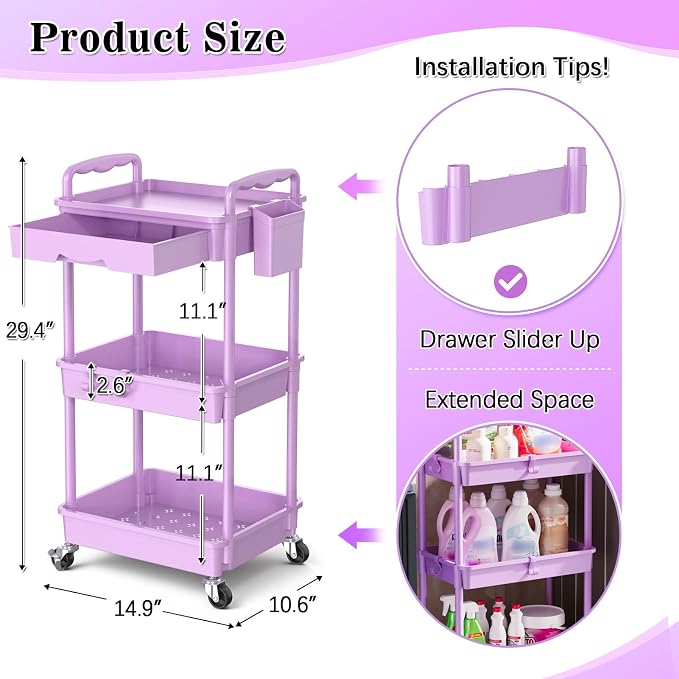 SUNALLY 3 Tier Rolling Cart with Drawer,Craft Storage Cart Organizer,Purple | Bathroom Storage Organizer with 2 Lockable Wheels, Rolling Utility Cart for Kitchen, Office, Baby, Makeup, Nail,Snack,Laundry