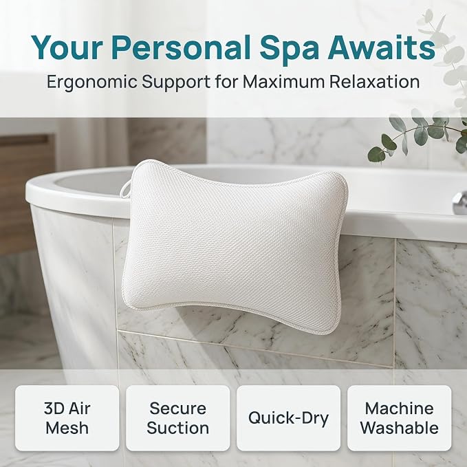SUPVOX 3D Mesh Bath Pillow for Bathtub - Non-Slip Bathtub Pillow with 2 Strong Suction Cups, Breathable Neck and Head Support Cushion for Tub, Spa, Hot Tub, Quick Drying & Machine Washable, White